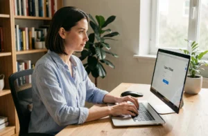 Femme accédant à son espace client Free sur un ordinateur portable depuis son bureau à domicile