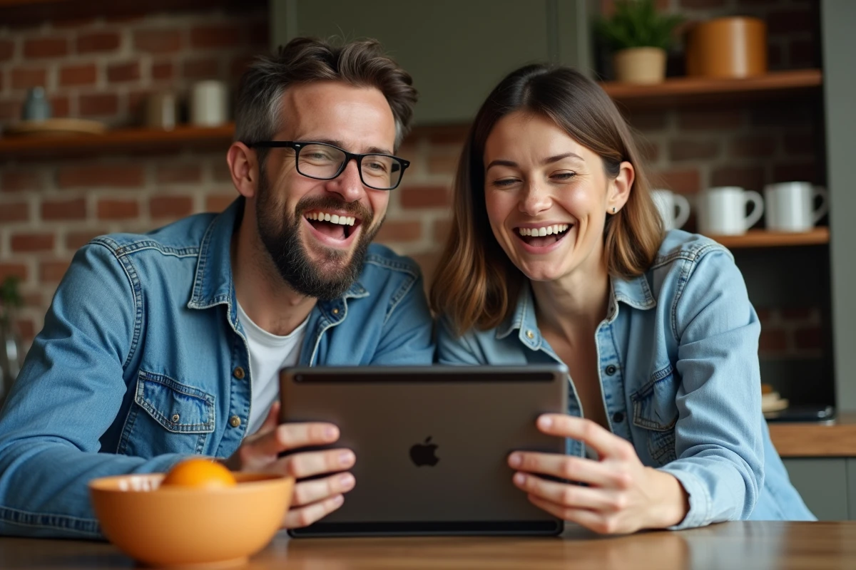 Deux amis regardant les qualifications de Formule 1 en streaming sur tablette dans une cuisine moderne