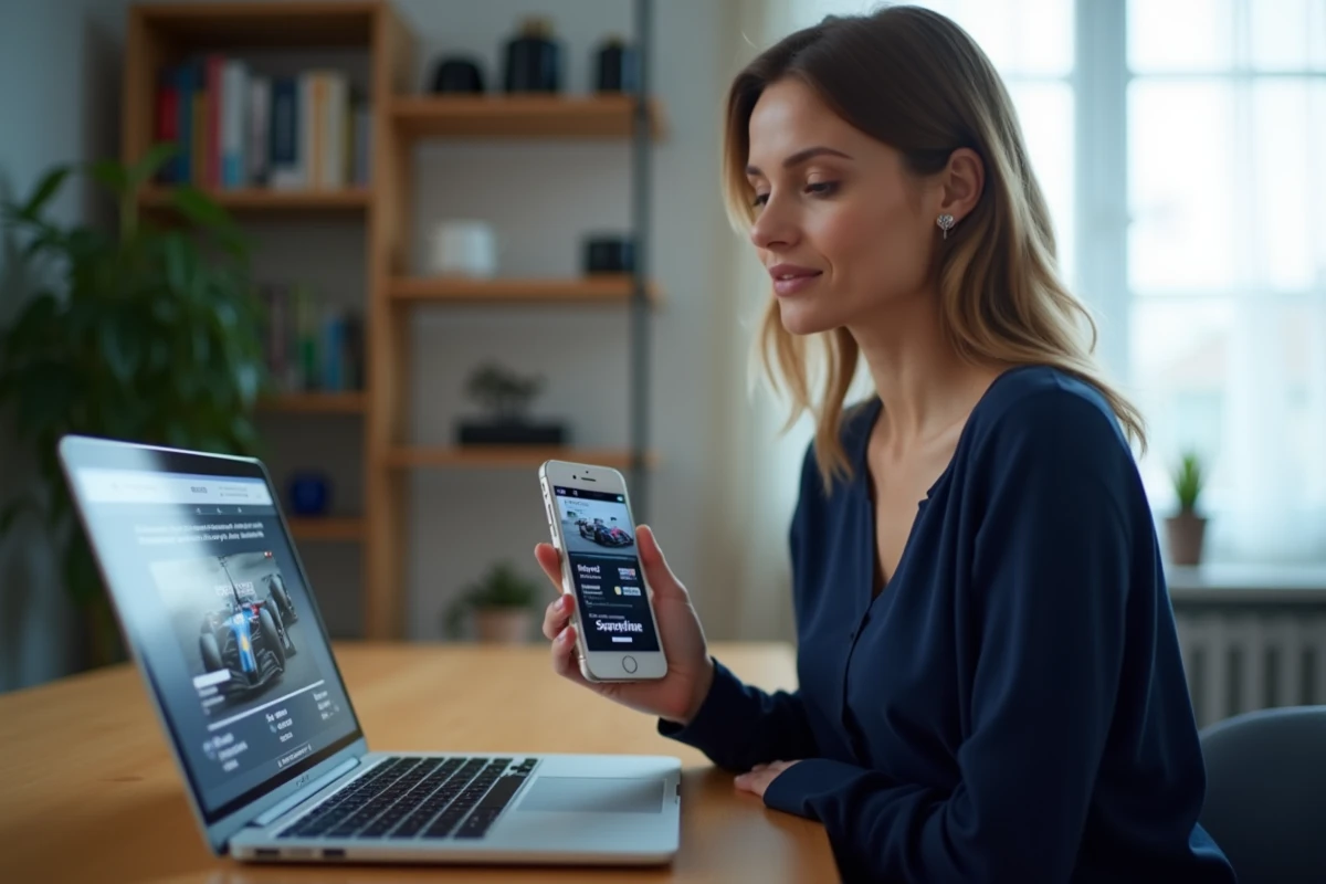 Femme utilisant l'application RTBF Sport sur smartphone pour suivre la Formule 1 en streaming