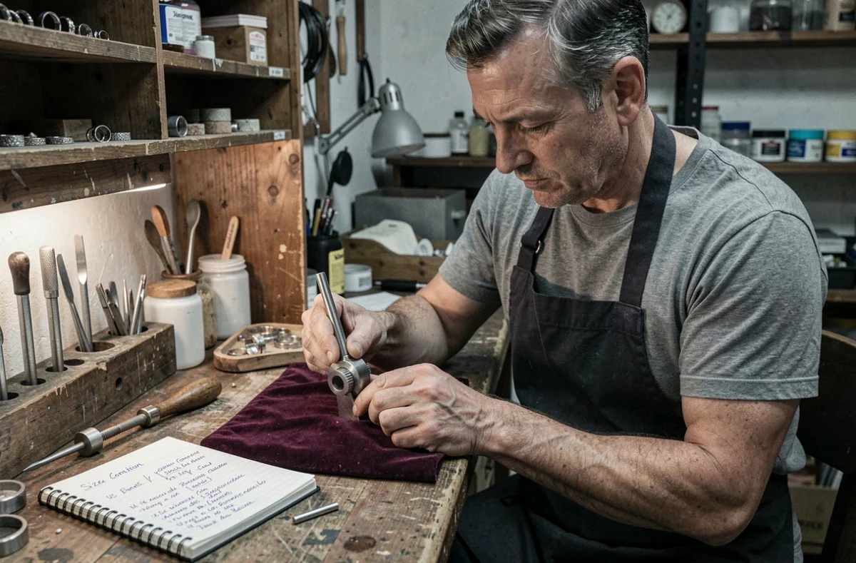 Bijoutier artisan mesurant une bague avec un mandrin professionnel et un carnet de conversion de tailles de bagues