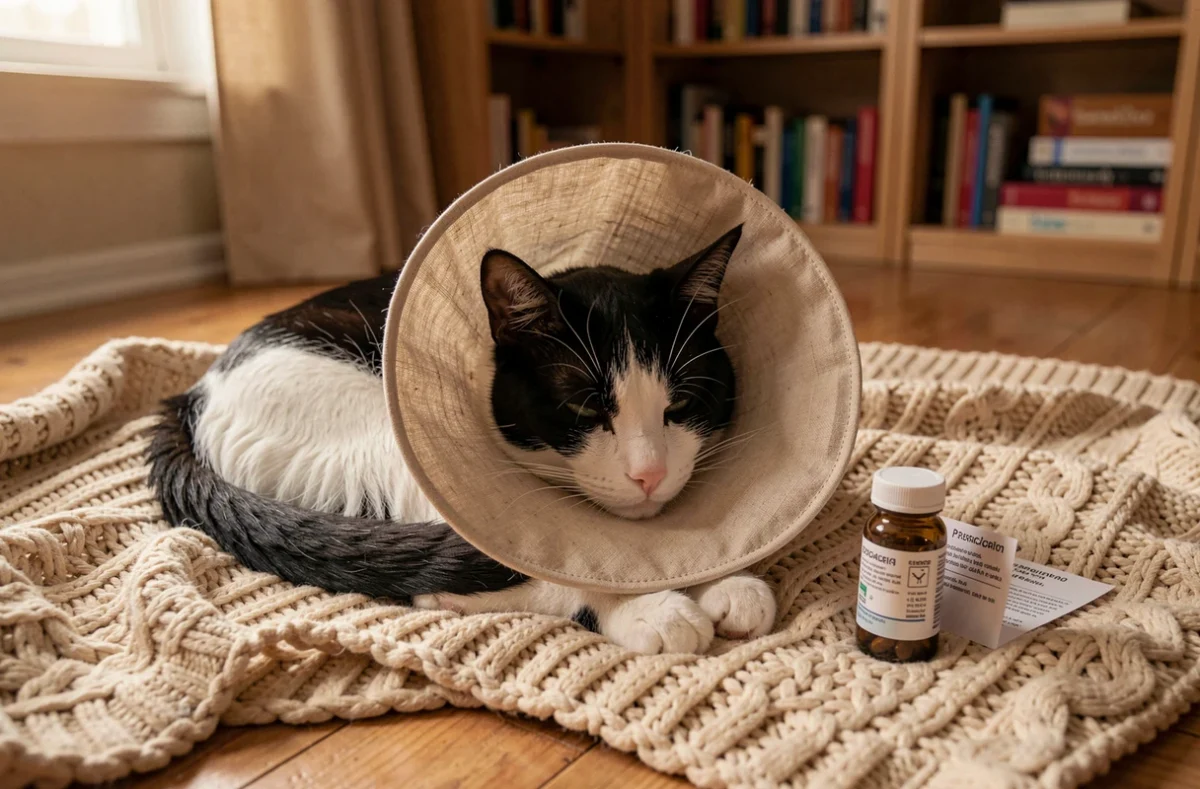 Chat en convalescence après une stérilisation portant une collerette de récupération à la maison
