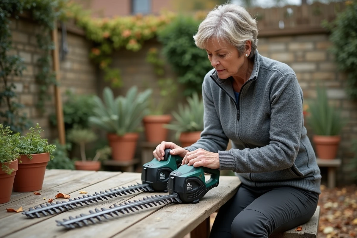 Femme comparant deux modèles de taille-haies télescopiques sur une table de jardin en bois
