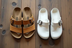 Comparatif sandales Birkenstock Arizona en daim beige et sabots Scholl blancs posés côte à côte sur un plancher en bois patiné