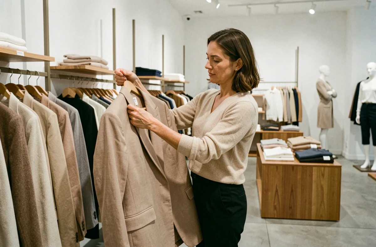 Femme parcourant les rayons d'une boutique de mode concurrente de Zara, tenant un blazer beige dans un magasin au design épuré et moderne