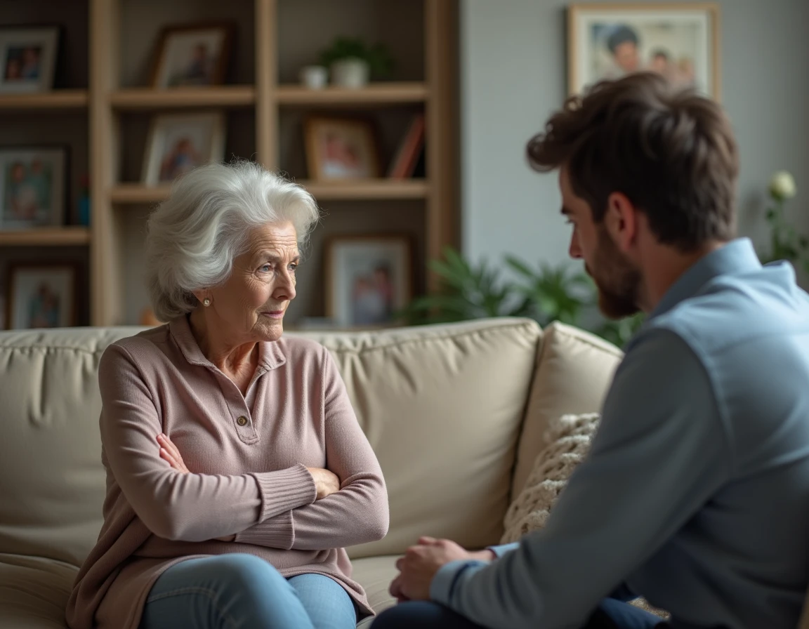 Conversation tendue entre un fils adulte et sa mère âgée dans un salon, illustrant un conflit familial intergénérationnel