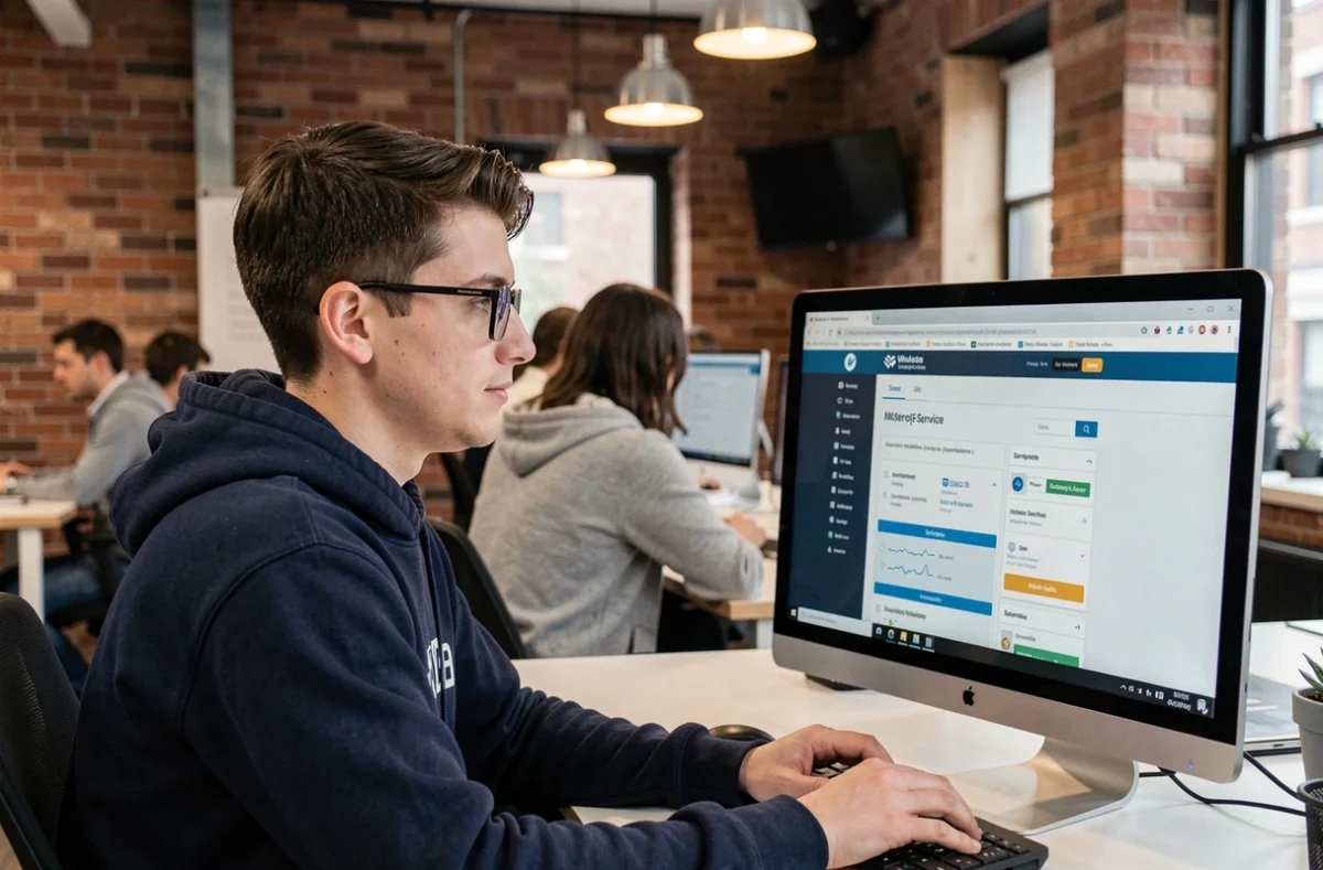 Jeune adulte consultant son espace client Free sur un ordinateur de bureau dans un espace de coworking