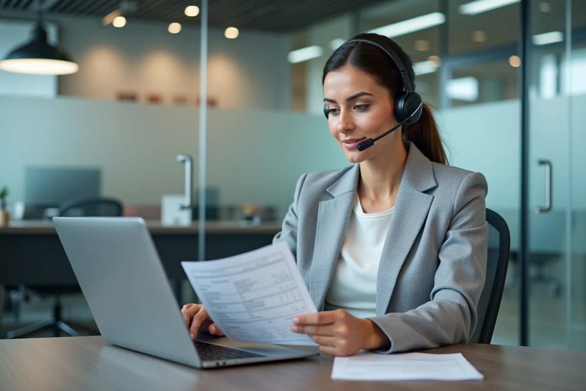 Conseillère service client gérant un dossier de colis perdu depuis son bureau