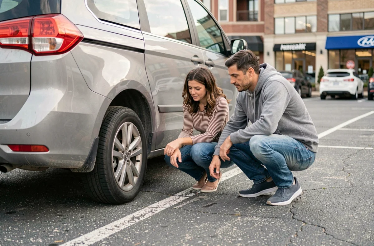 Couple inspectant un monospace d'occasion dans un parking urbain pour évaluer son état avant achat