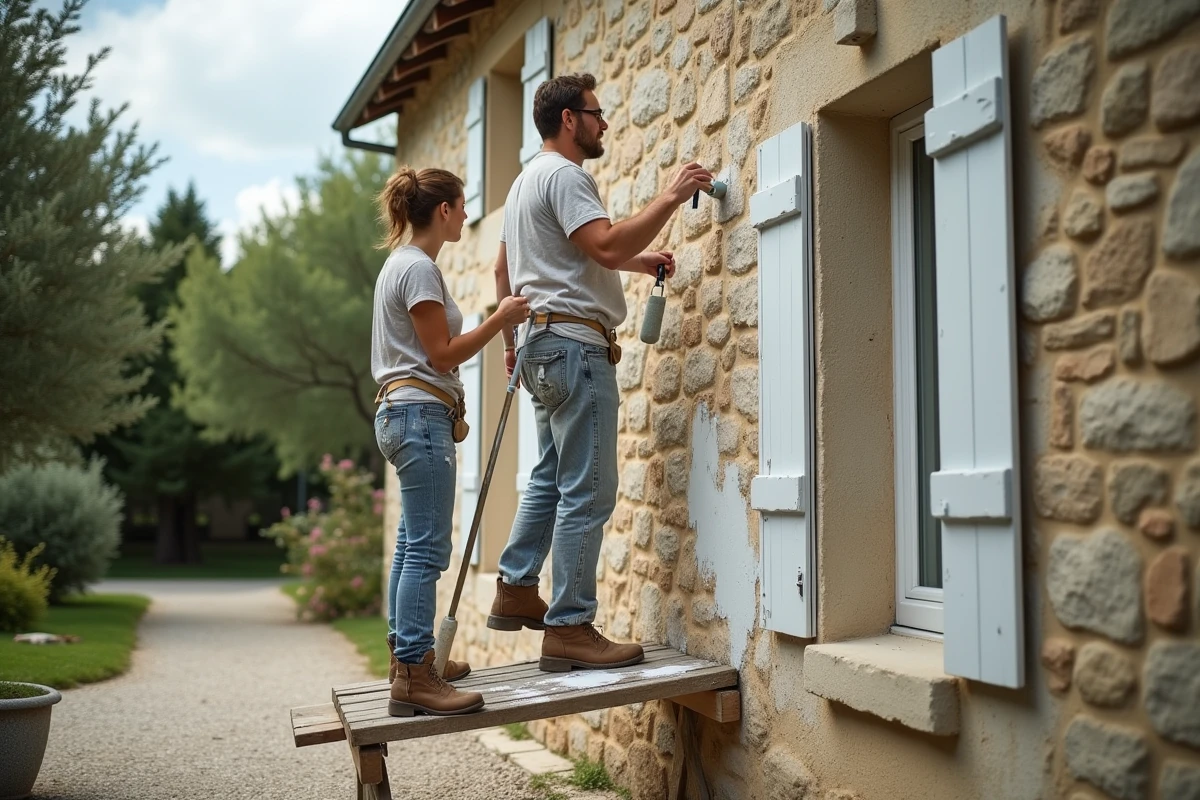 Couple peignant la façade extérieure d'une maison en pierre lors de travaux de rénovation extérieure