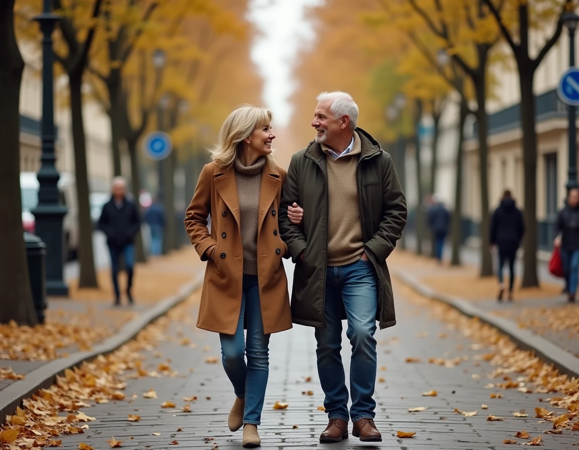 Couple discret se promenant sur un boulevard parisien en automne, symbolisant une vie privée préservée loin des médias