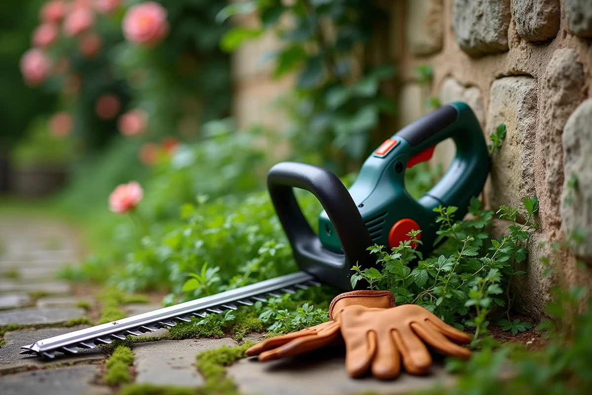 Taille-haie télescopique posé contre un mur en pierre avec des gants de jardinage et des branchages coupés