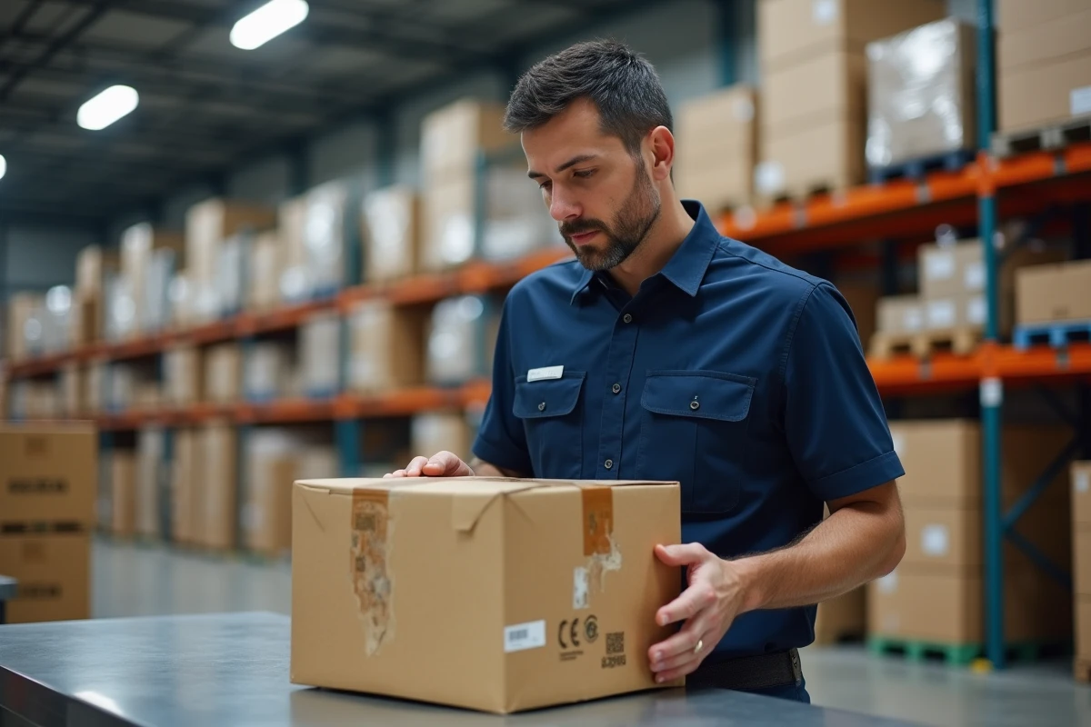 Employé logistique inspectant un colis endommagé dans un entrepôt de distribution