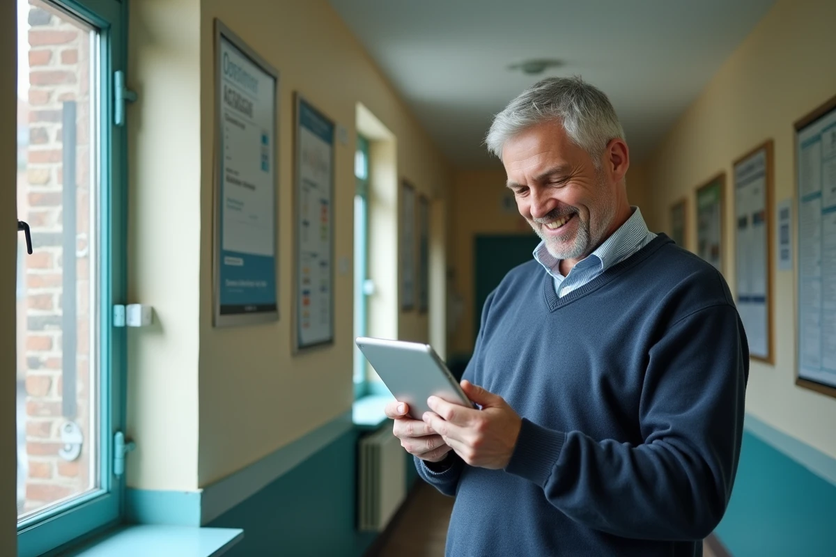Enseignant souriant dans un couloir d