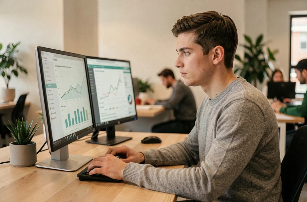 Jeune entrepreneur analysant des données sur deux écrans dans un espace de coworking contemporain, représentant l'innovation numérique et la modernisation des pratiques d'entreprise
