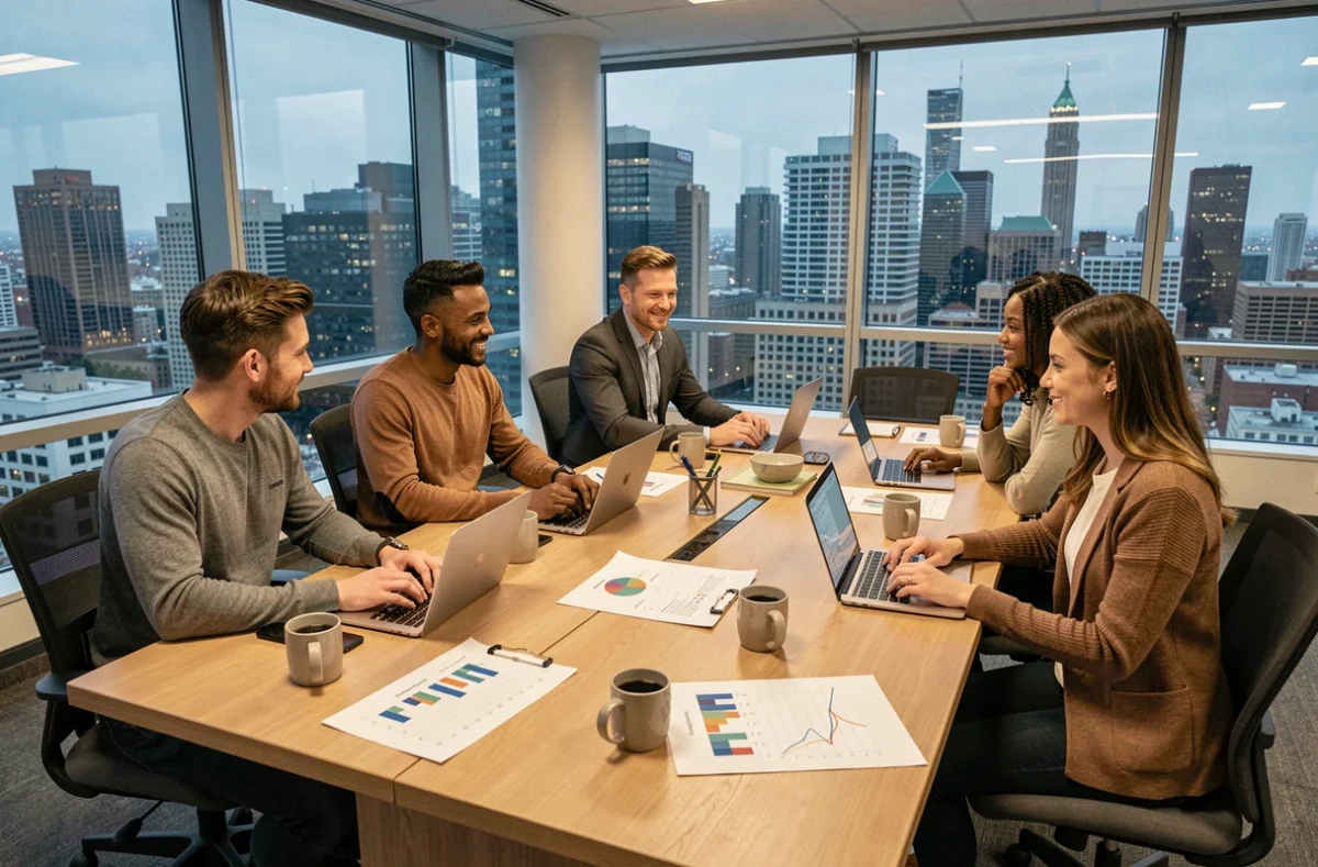 Équipe de professionnels diversifiés réunis en salle de réunion vitrée avec vue sur la ville, symbolisant la collaboration et la transformation des entreprises modernes