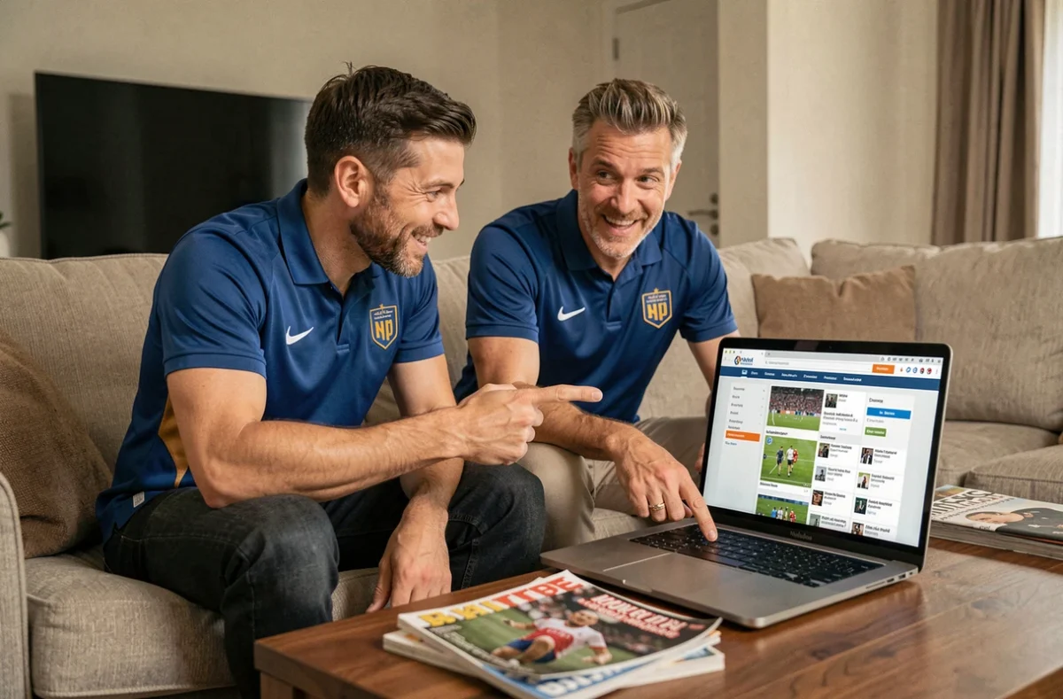 Deux hommes explorant ensemble les articles et rubriques d'un site sportif sur ordinateur portable