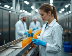 Technicienne en blouse blanche contrôlant une bouteille de jus d'orange Jafaden sur une ligne de production industrielle moderne