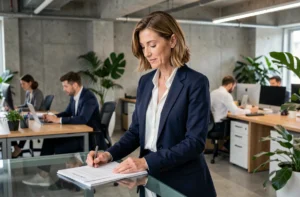 Femme d'affaires en blazer marine examinant des documents dans un bureau moderne en open space, illustrant la révolution des pratiques professionnelles en entreprise