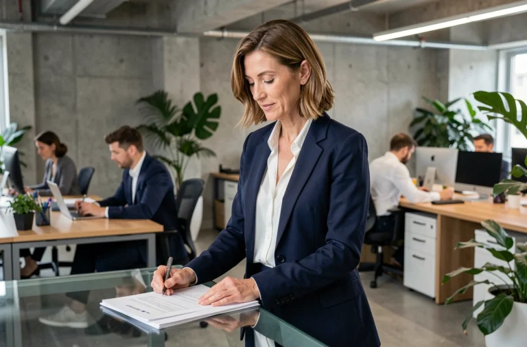 Femme d'affaires en blazer marine examinant des documents dans un bureau moderne en open space, illustrant la révolution des pratiques professionnelles en entreprise