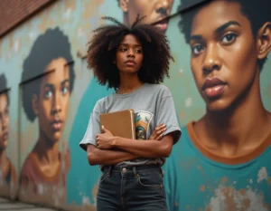 Jeune femme afro-américaine devant une fresque urbaine évoquant l'héritage hip-hop de la côte ouest américaine