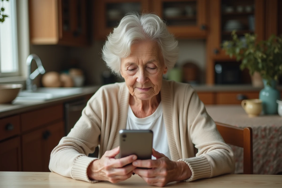 Femme âgée utilisant WhatsApp sur un téléphone Doro à la maison