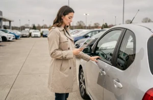 Femme examinant une voiture compacte dans un concessionnaire automobile pour choisir le modèle adapté à son budget