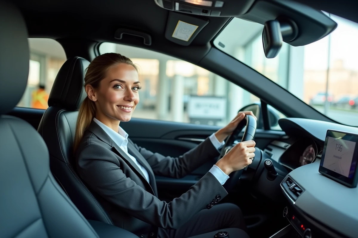 Femme d affaires inspectant un tableau de bord de voiture hybride
