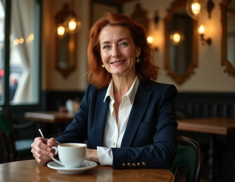 Femme élégante dans la quarantaine souriante dans un café parisien, illustrant la discrétion de la vie privée d'un couple célèbre