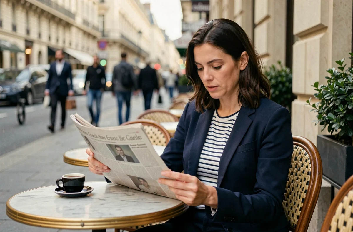 Femme lisant le journal en terrasse de café parisien, actualité française de la semaine