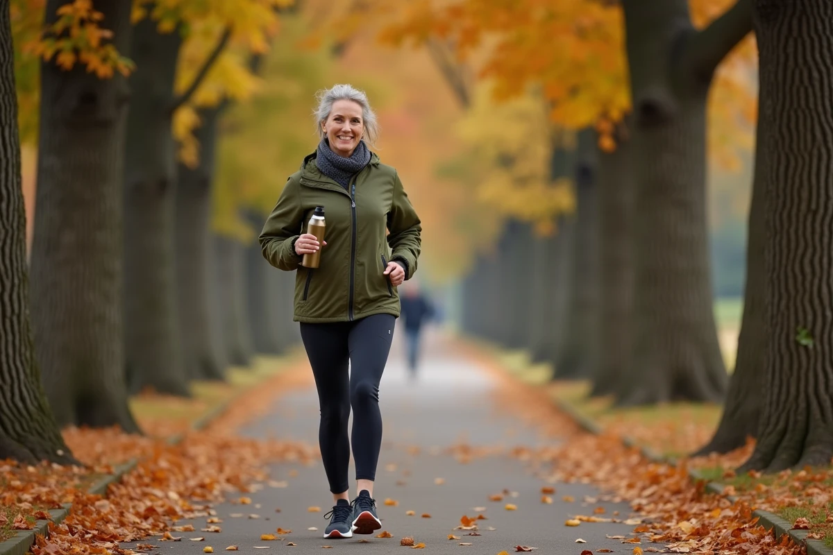 Femme marchant dans un parc en automne avec une bouteille d'eau pour améliorer sa santé et son bien-être au quotidien