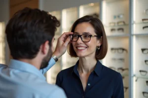 Femme d'âge moyen portant des lunettes dans une boutique optique
