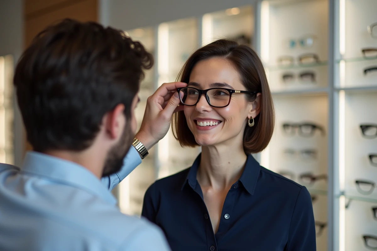 Femme d'âge moyen portant des lunettes dans une boutique optique