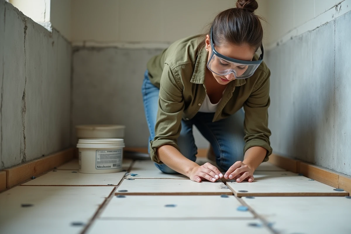 Femme posant des carreaux de sol en céramique dans une salle de bain en rénovation avec des outils de carrelage