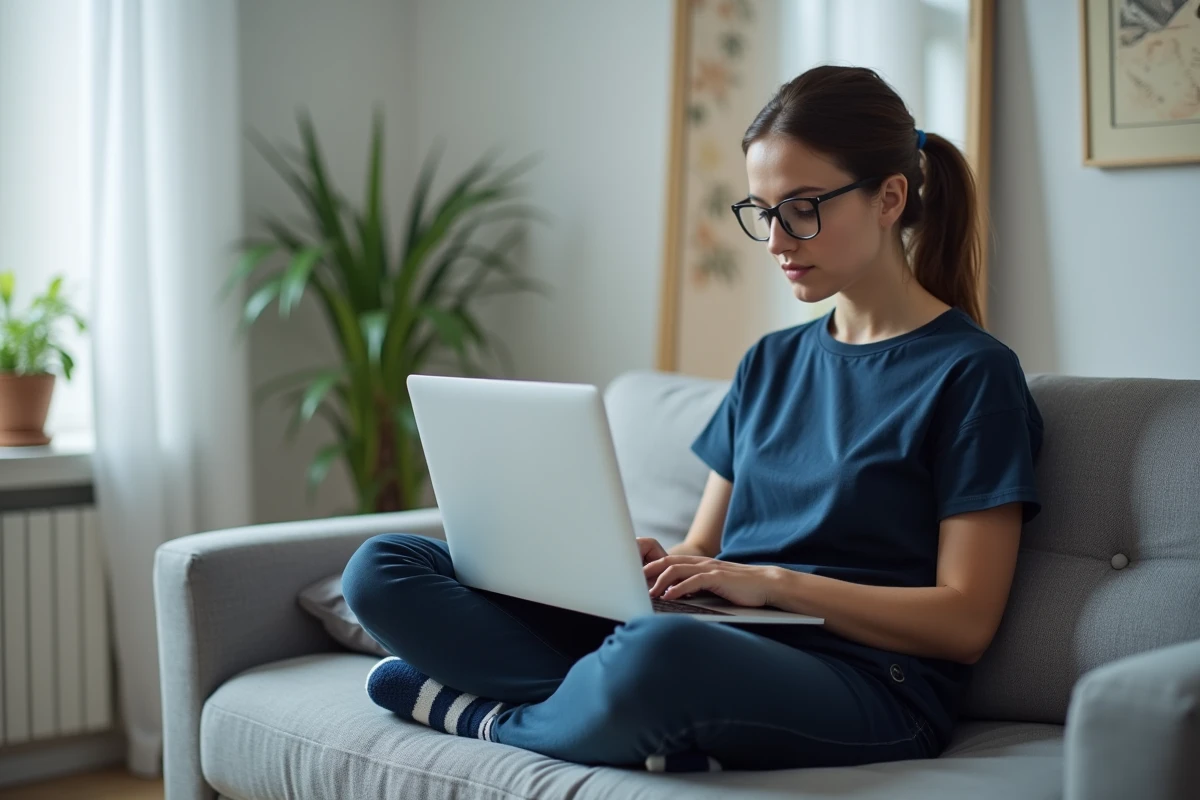 Femme utilisant un ordinateur portable pour télécharger des fichiers via un site torrent français