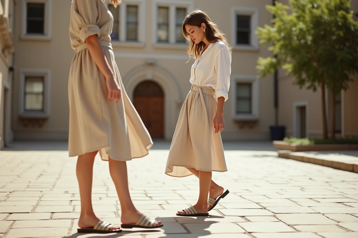 Femme portant une sandale Birkenstock et un mule Scholl pour comparer le style et le confort en situation réelle dans une cour urbaine