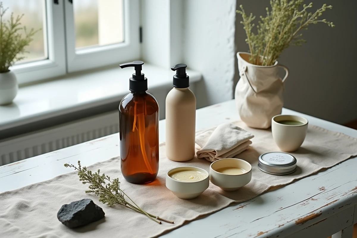 Flat-lay de produits éco-responsables bretons sur tissu de lin, savon algues et cire naturelle