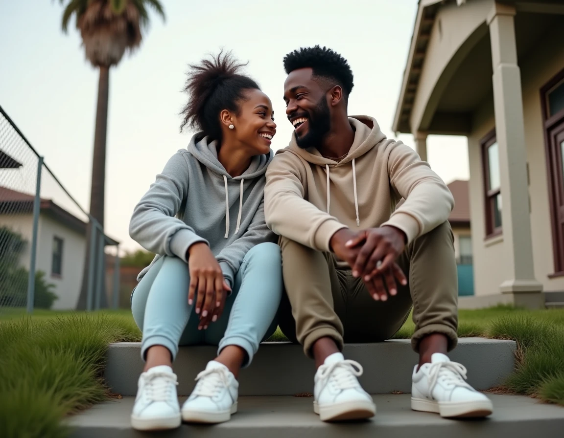 Frère et sœur afro-américains partageant un moment complice sur les marches d'une maison à Los Angeles