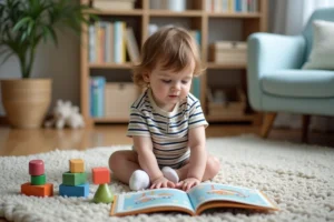 Garçon de 16 mois lisant un livre dans un salon cosy