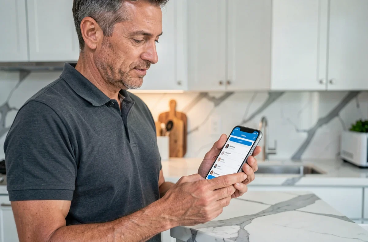Homme gérant son compte Free Mobile depuis son smartphone dans sa cuisine