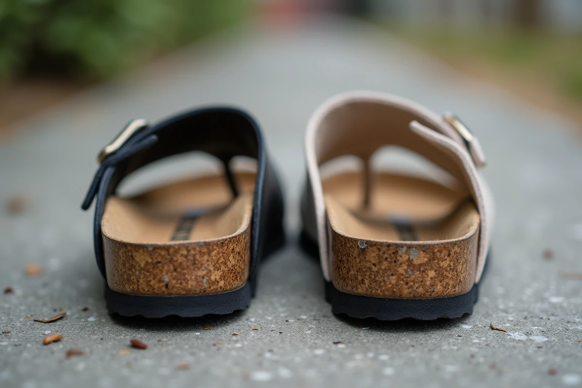 Gros plan sur les semelles et arches de soutien d'une sandale Birkenstock Gizeh noire et d'un mule Scholl beige pour comparer leur conception orthopédique