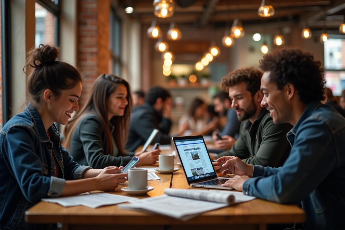 Groupe de personnes discutant de l'actualité en temps réel autour d'une table dans un café urbain avec journaux et appareils connectés