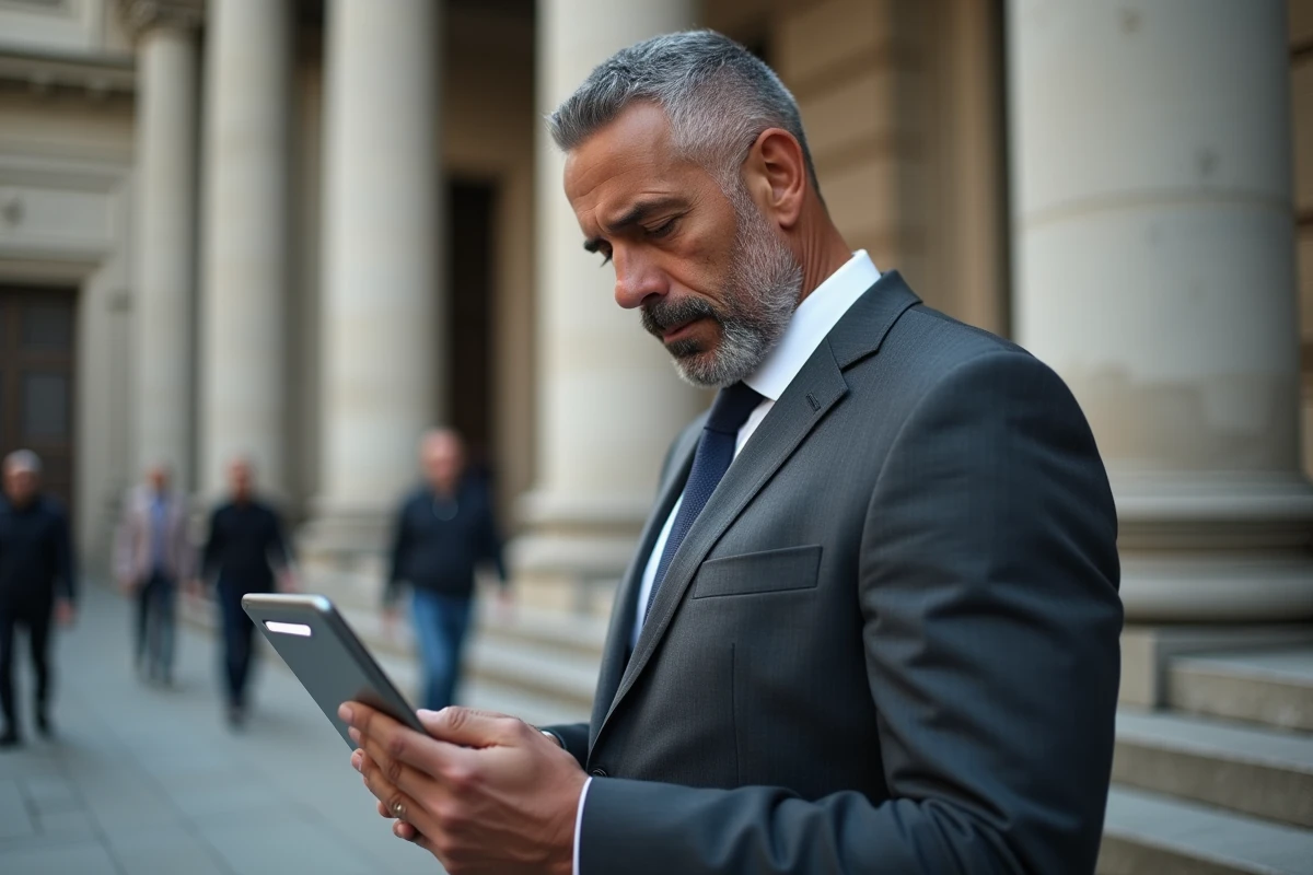 Homme d'affaires lisant des analyses et informations en temps réel sur une tablette devant un bâtiment gouvernemental
