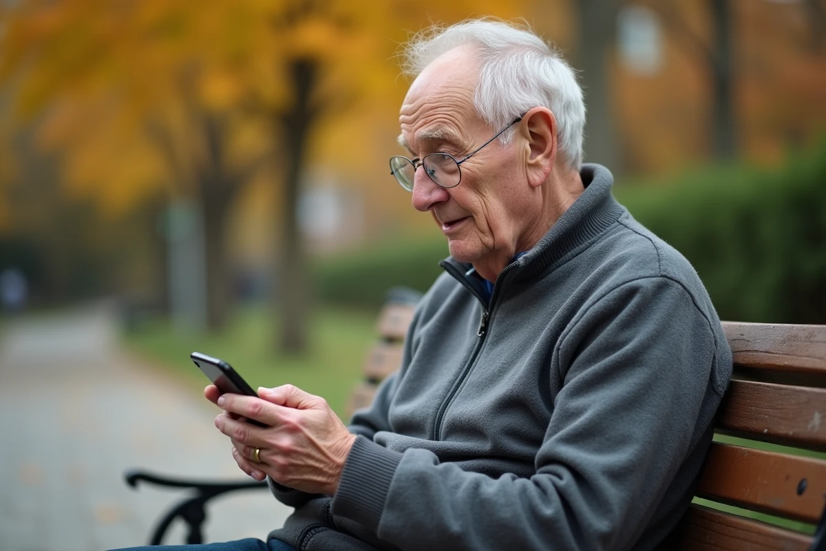 Homme âgé utilisant WhatsApp sur un téléphone Doro dans un parc