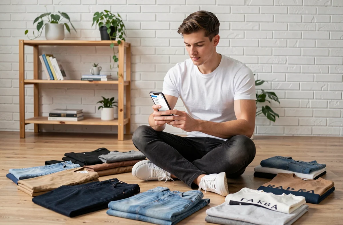 Jeune homme comparant des vêtements de différentes marques de fast fashion concurrentes de Zara sur une application mobile dans un appartement minimaliste