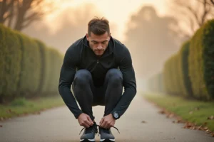 Homme en tenue de course nouant ses chaussures au parc