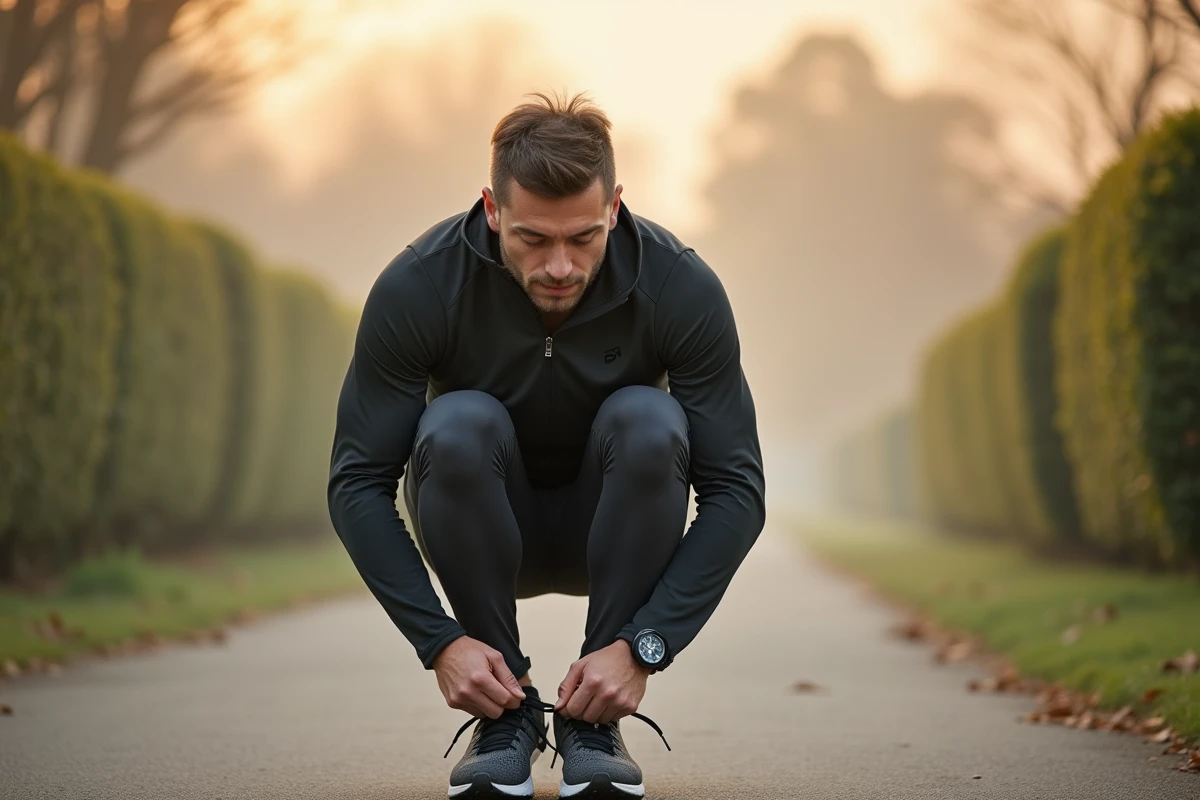Homme en tenue de course nouant ses chaussures au parc