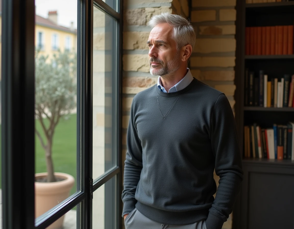 Homme élégant dans la cinquantaine contemplant depuis une fenêtre d'appartement parisien, évoquant la discrétion d'une personnalité publique dans sa vie intime