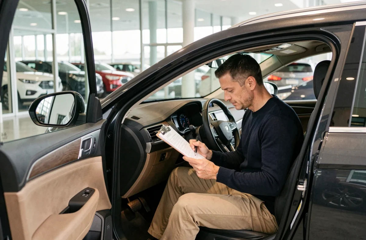 Homme assis dans un SUV en concession automobile en train d'analyser une offre de financement pour l'achat d'un véhicule