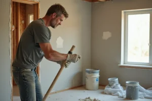 Homme rénovant un mur intérieur en appliquant de l'enduit de rebouchage dans une maison en cours de travaux