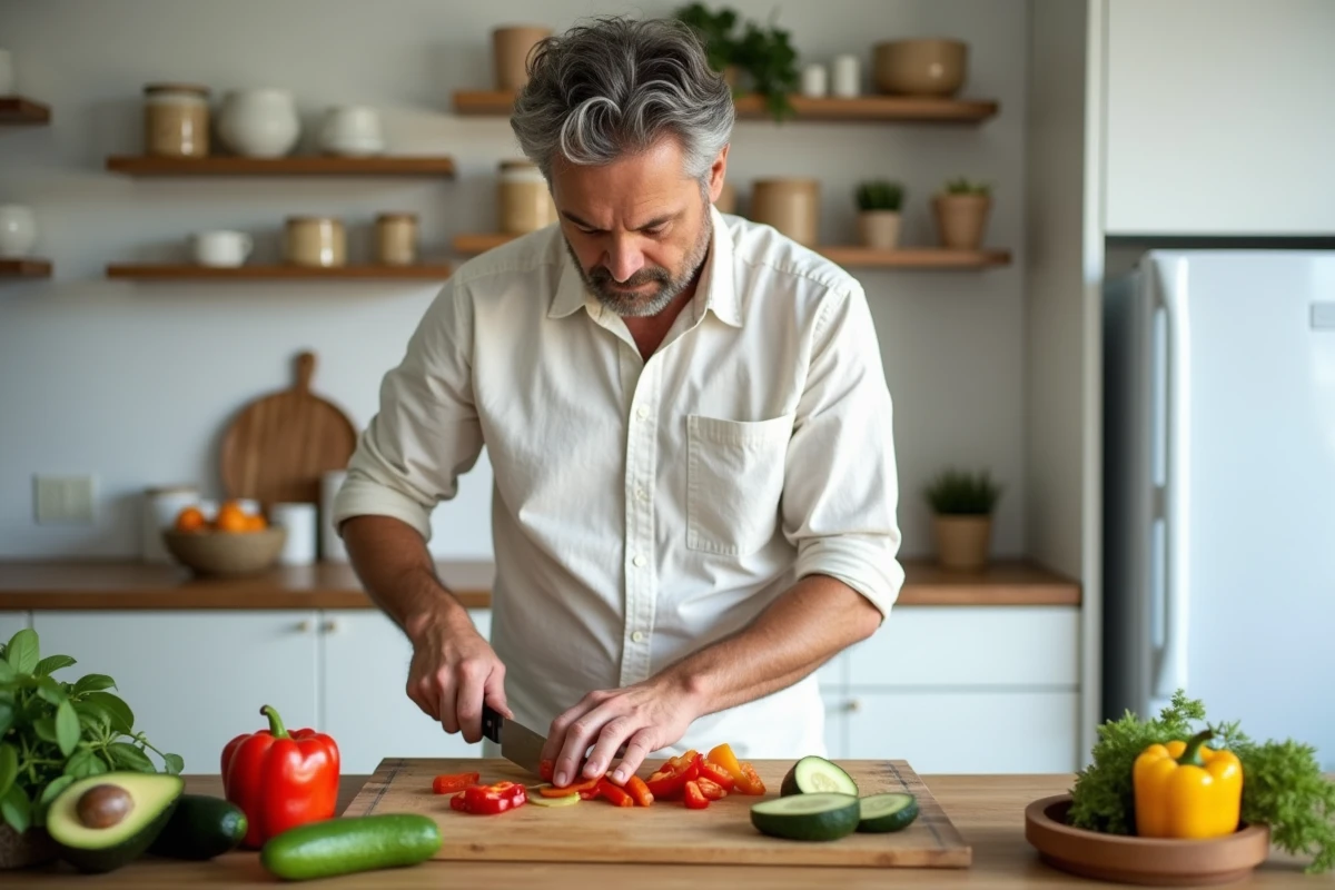 Homme préparant un repas sain avec des légumes frais dans une cuisine moderne pour prendre soin de sa santé